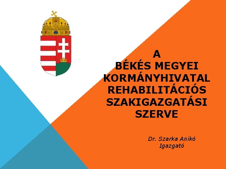 A BÉKÉS MEGYEI KORMÁNYHIVATAL REHABILITÁCIÓS SZAKIGAZGATÁSI SZERVE Dr. Szarka Anikó Igazgató 