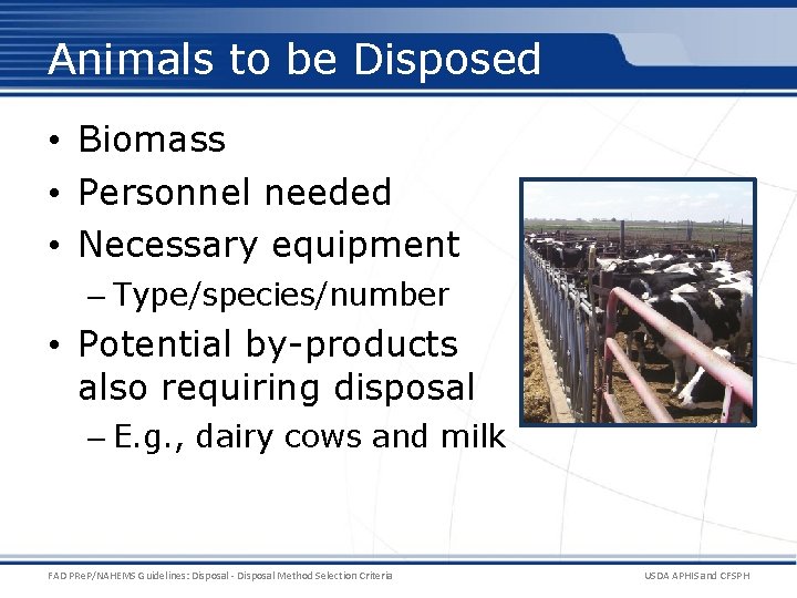 Animals to be Disposed • Biomass • Personnel needed • Necessary equipment – Type/species/number Animals to be Disposed • Biomass • Personnel needed • Necessary equipment – Type/species/number