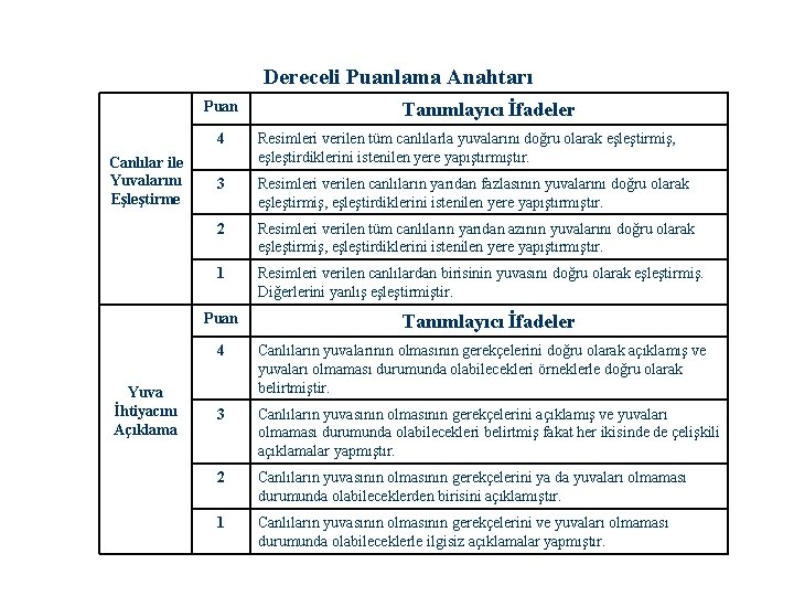 Dereceli Puanlama Anahtarı Puan Canlılar ile Yuvalarını Eşleştirme 4 Resimleri verilen tüm canlılarla yuvalarını