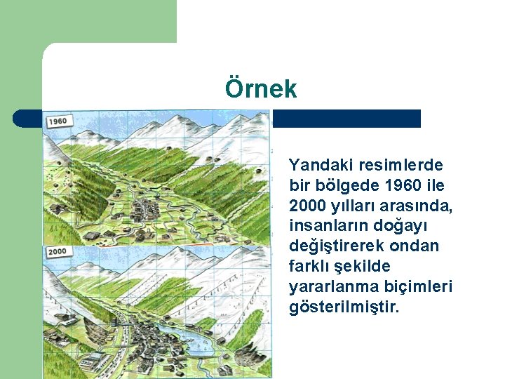 Örnek Yandaki resimlerde bir bölgede 1960 ile 2000 yılları arasında, insanların doğayı değiştirerek ondan