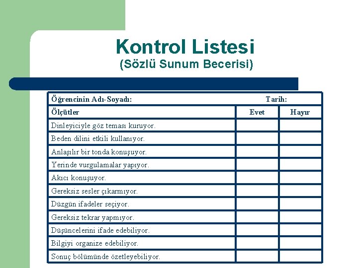 Kontrol Listesi (Sözlü Sunum Becerisi) Öğrencinin Adı-Soyadı: Ölçütler Dinleyiciyle göz teması kuruyor. Beden dilini