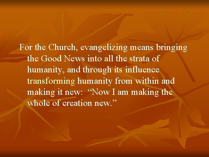 For the Church, evangelizing means bringing the Good News into all the strata of