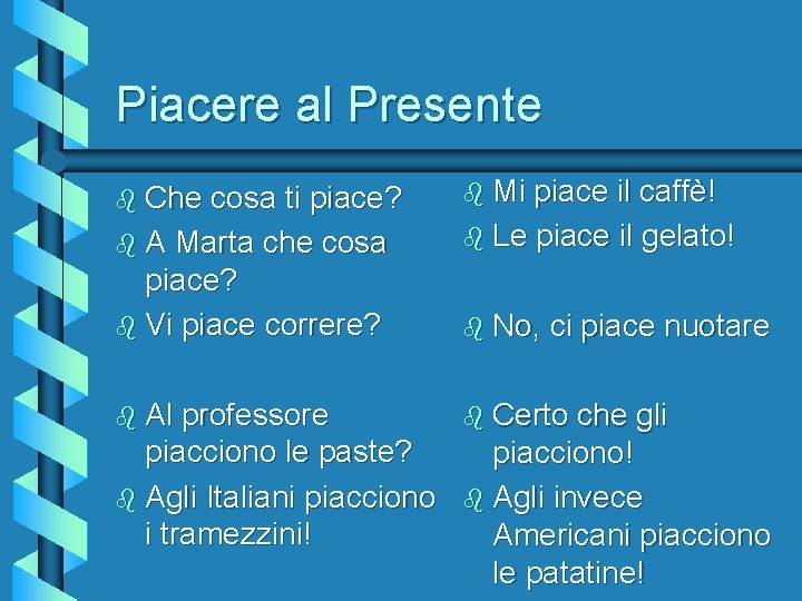 Piacere al Presente cosa ti piace? b A Marta che cosa piace? b Vi