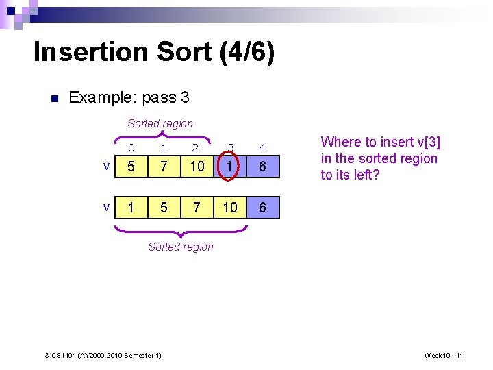 Insertion Sort (4/6) n Example: pass 3 Sorted region 0 1 2 3 4