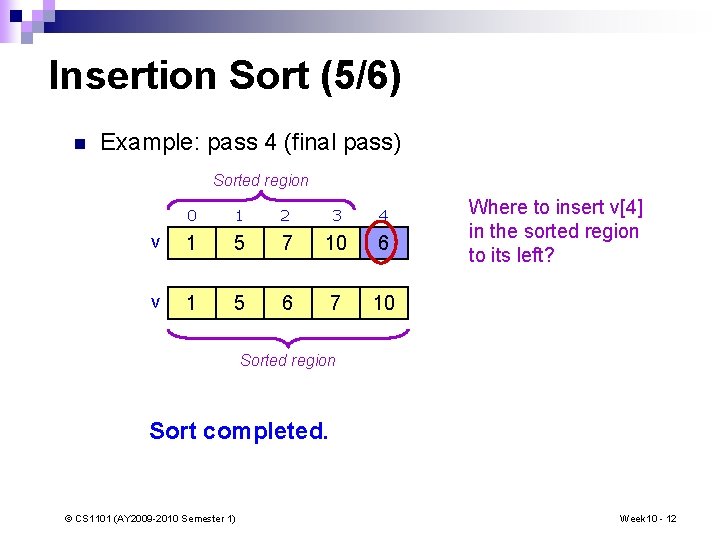 Insertion Sort (5/6) n Example: pass 4 (final pass) Sorted region 0 1 2