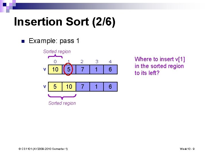 Insertion Sort (2/6) n Example: pass 1 Sorted region 0 1 2 3 4