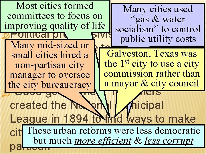 Most cities formed Many cities used PROGRESSIVE REFORM IN THE CITIES committees to focus