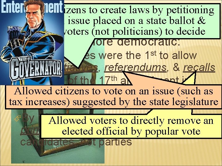 Allowed citizens. REFORM to create laws by petitioning PROGRESSIVE IN THE STATES to have