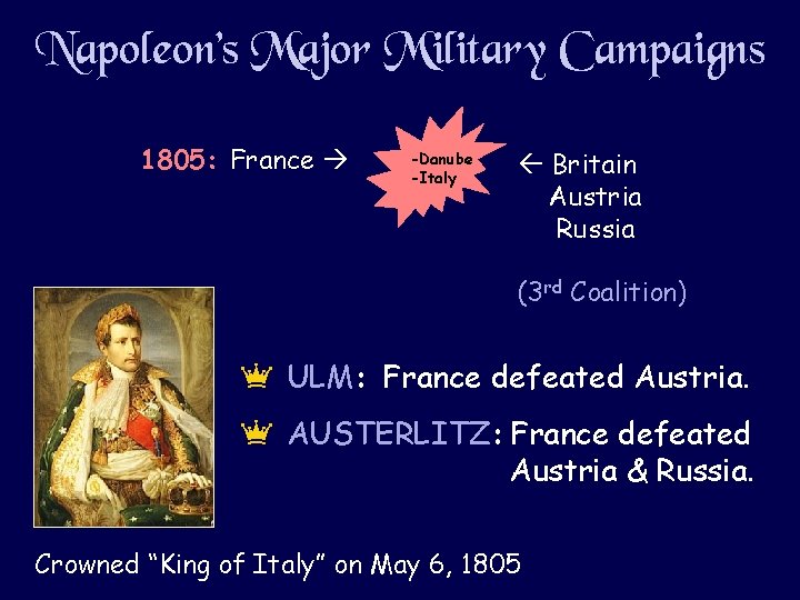 Napoleon’s Major Military Campaigns 1805: France -Danube -Italy Britain Austria Russia (3 rd Coalition)