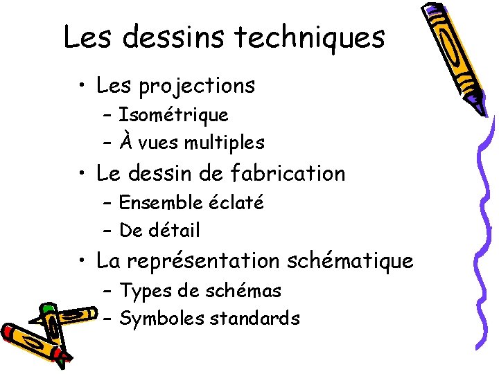 Les dessins techniques • Les projections – Isométrique – À vues multiples • Le