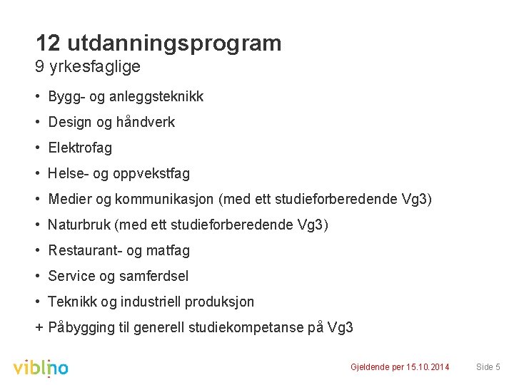 12 utdanningsprogram 9 yrkesfaglige • Bygg- og anleggsteknikk • Design og håndverk • Elektrofag