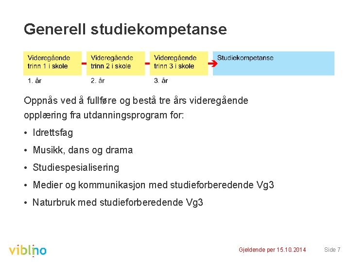 Generell studiekompetanse Oppnås ved å fullføre og bestå tre års videregående opplæring fra utdanningsprogram