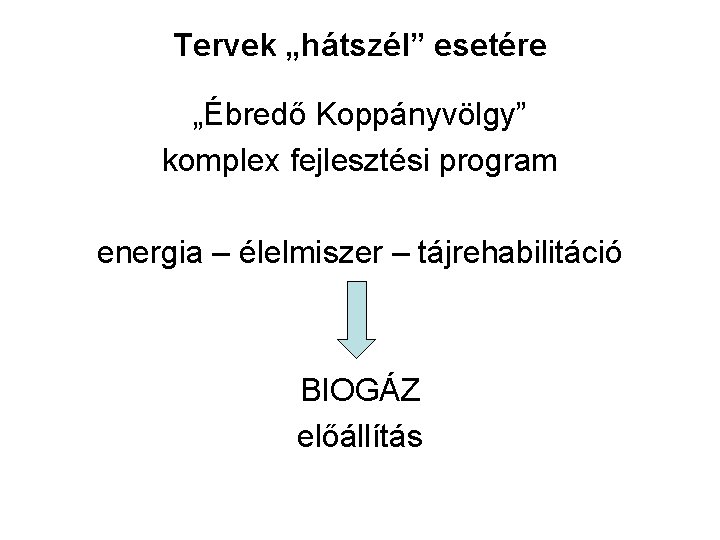 Tervek „hátszél” esetére „Ébredő Koppányvölgy” komplex fejlesztési program energia – élelmiszer – tájrehabilitáció BIOGÁZ