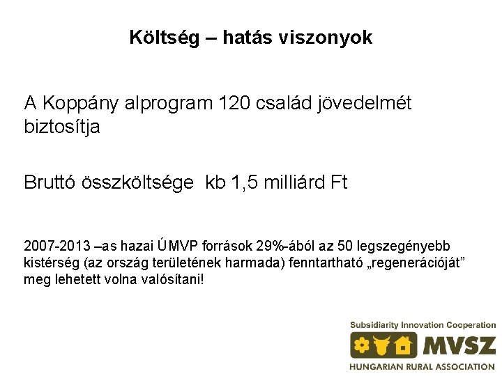 Költség – hatás viszonyok A Koppány alprogram 120 család jövedelmét biztosítja Bruttó összköltsége kb