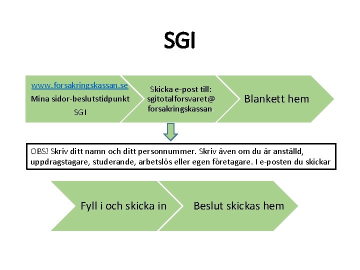 SGI www. forsakringskassan. se Mina sidor-beslutstidpunkt SGI Skicka e-post till: sgitotalforsvaret@ forsakringskassan. Blankett hem