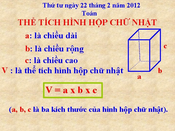 Thứ tư ngày 22 tháng 2 năm 2012 Toán THỂ TÍCH HÌNH HỘP CHỮ