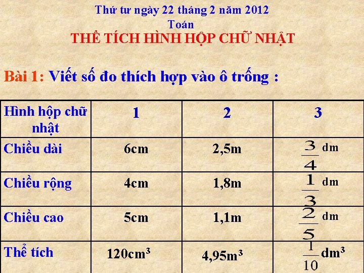 Thứ tư ngày 22 tháng 2 năm 2012 Toán THỂ TÍCH HÌNH HỘP CHỮ