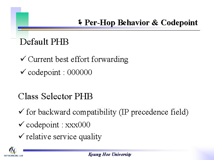 ëPer-Hop Behavior & Codepoint Default PHB ü Current best effort forwarding ü codepoint :