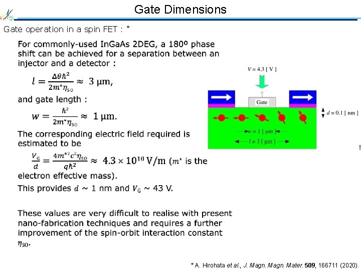 Gate Dimensions Gate operation in a spin FET : * * A. Hirohata et