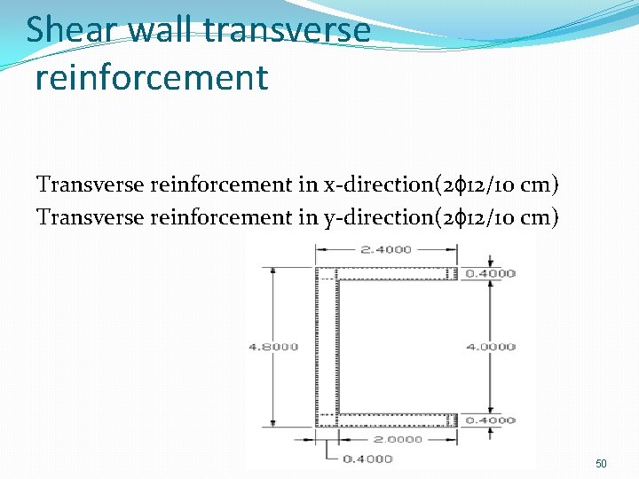 Shear wall transverse reinforcement Transverse reinforcement in x-direction(2ɸ 12/10 cm) Transverse reinforcement in y-direction(2ɸ