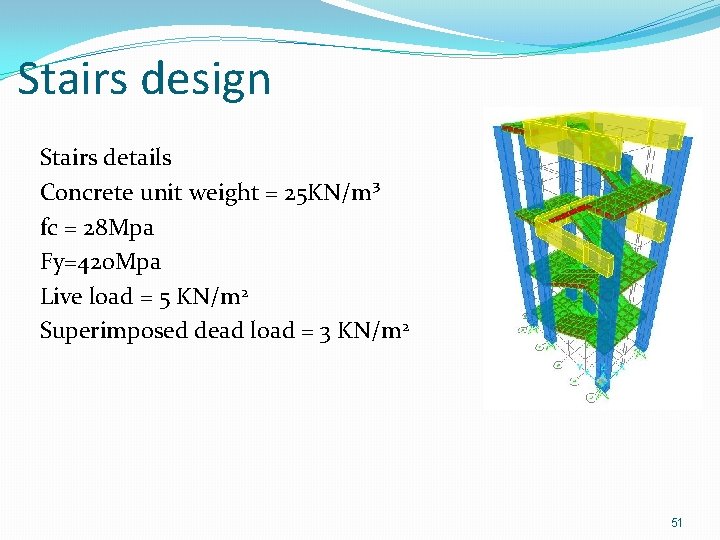 Stairs design Stairs details Concrete unit weight = 25 KN/m³ fc = 28 Mpa