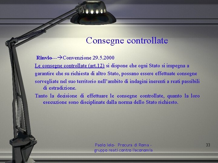 Consegne controllate Rinvio--- Convenzione 29. 5. 2000 Le consegne controllate (art. 12) si dispone