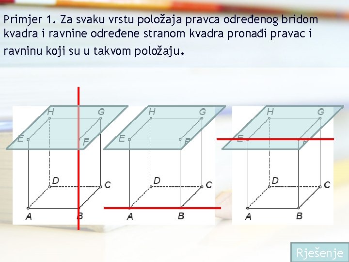 Primjer 1. Za svaku vrstu položaja pravca određenog bridom kvadra i ravnine određene stranom