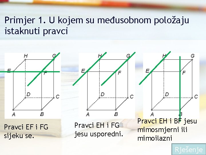 Primjer 1. U kojem su međusobnom položaju istaknuti pravci Pravci EF i FG sijeku