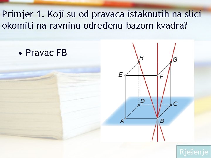 Primjer 1. Koji su od pravaca istaknutih na slici okomiti na ravninu određenu bazom