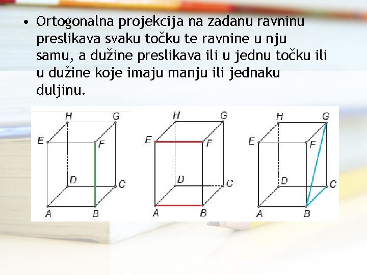  • Ortogonalna projekcija na zadanu ravninu preslikava svaku točku te ravnine u nju