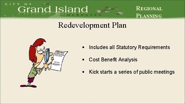 REGIONAL PLANNING Redevelopment Plan § Includes all Statutory Requirements § Cost Benefit Analysis §