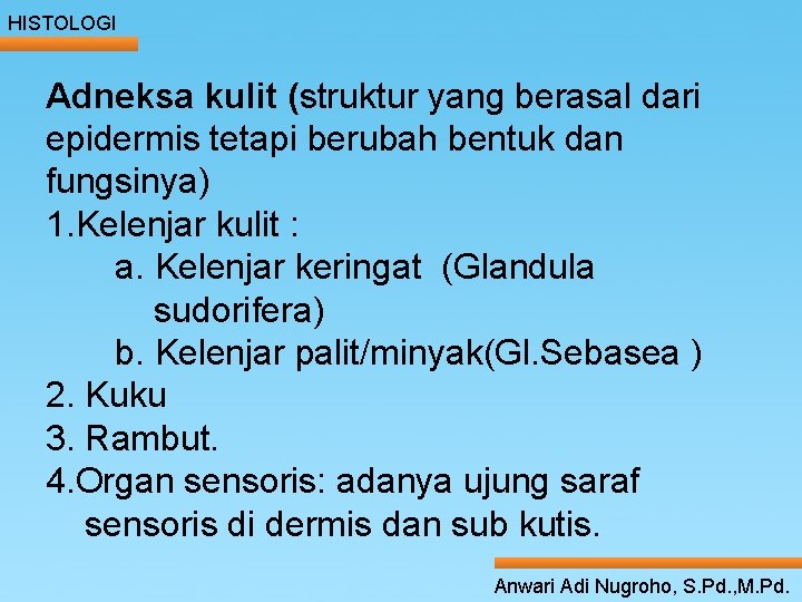 HISTOLOGI Adneksa kulit (struktur yang berasal dari epidermis tetapi berubah bentuk dan ____ Click__to____ HISTOLOGI Adneksa kulit (struktur yang berasal dari epidermis tetapi berubah bentuk dan ____ Click__to____