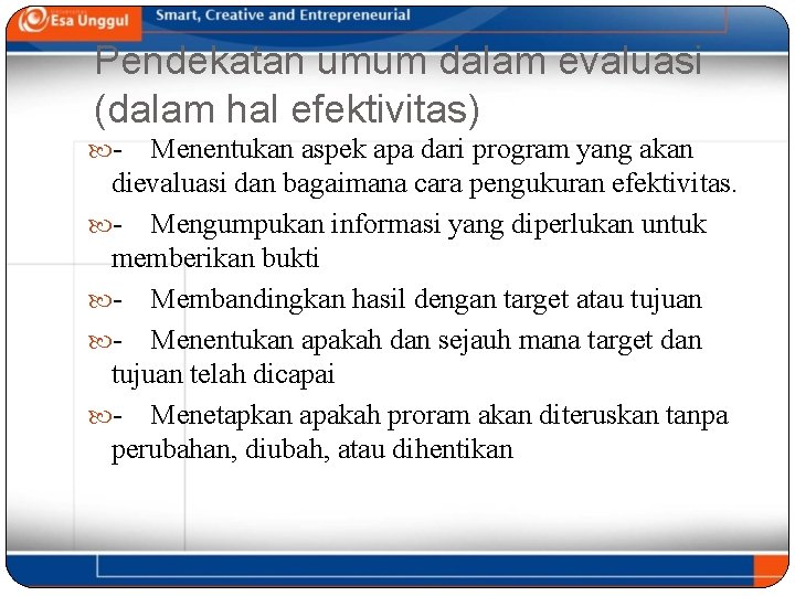 Pendekatan umum dalam evaluasi (dalam hal efektivitas) - Menentukan aspek apa dari program yang