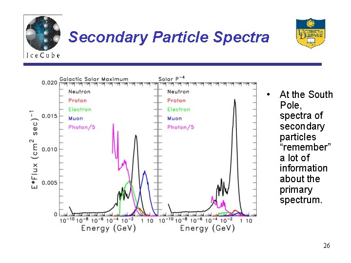 Secondary Particle Spectra • At the South Pole, spectra of secondary particles “remember” a