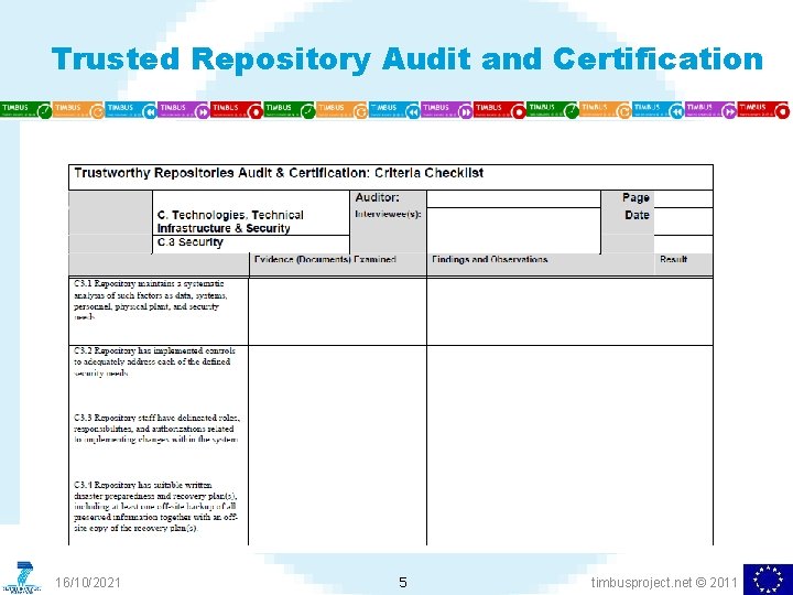 Trusted Repository Audit and Certification 16/10/2021 5 timbusproject. net © 2011 