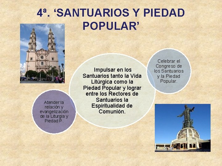 4ª. ‘SANTUARIOS Y PIEDAD POPULAR’ Atender la relación y evangelización de la Liturgia y