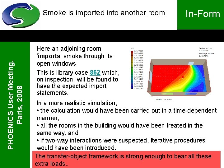 PHOENICS User Meeting, Paris, 2008 Smoke is imported into another room In-Form Here an