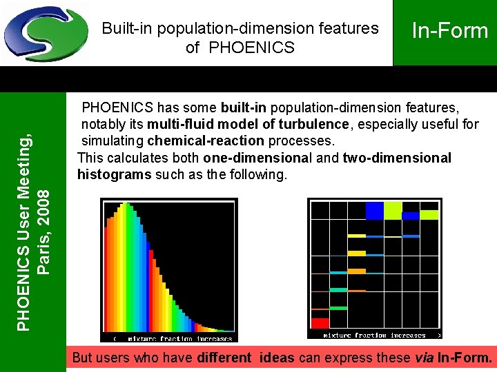 PHOENICS User Meeting, Paris, 2008 Built-in population-dimension features of PHOENICS In-Form PHOENICS has some