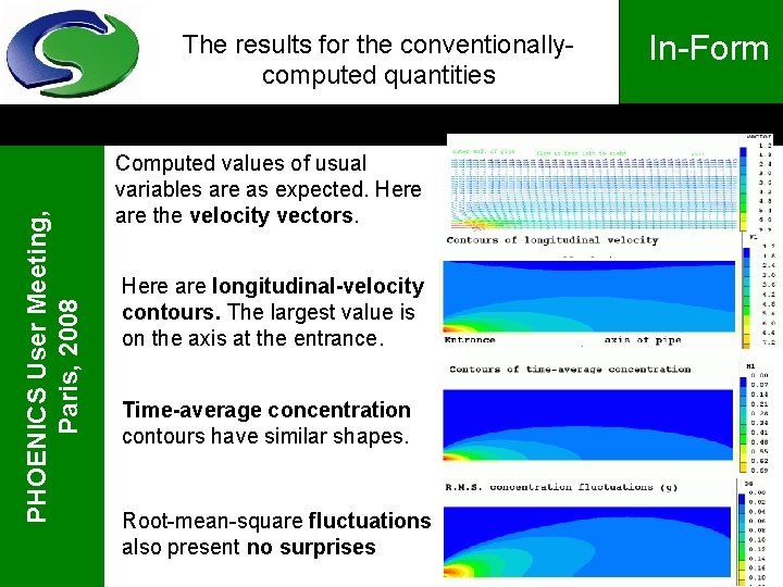 PHOENICS User Meeting, Paris, 2008 The results for the conventionallycomputed quantities Computed values of