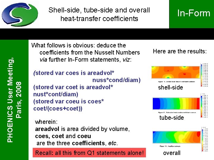 PHOENICS User Meeting, Paris, 2008 Shell-side, tube-side and overall heat-transfer coefficients What follows is