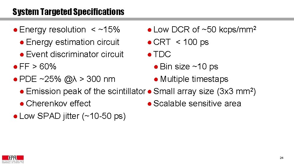 System Targeted Specifications ● Low DCR of ~50 kcps/mm 2 ● Energy resolution <