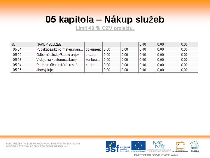 05 kapitola – Nákup služeb Limit 49 % CZV projektu. 