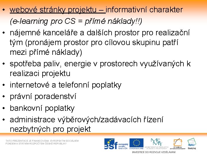  • webové stránky projektu – informativní charakter (e-learning pro CS = přímé náklady!!)