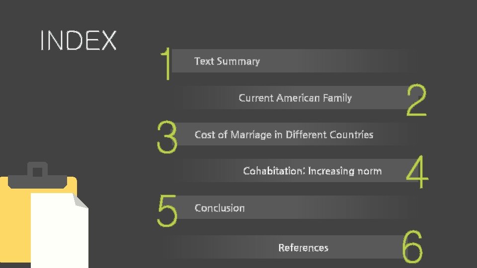 INDEX 1 Text Summary Current American Family 3 Cost of Marriage in Different Countries