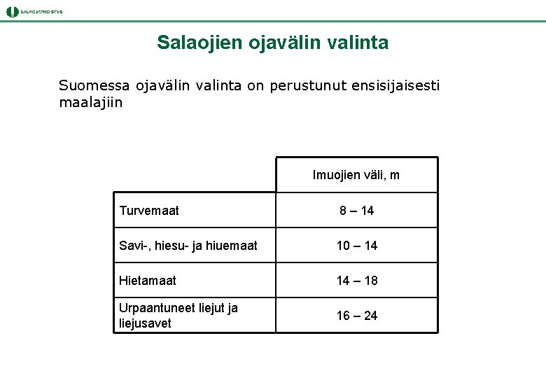 Salaojien ojavälin valinta Suomessa ojavälin valinta on perustunut ensisijaisesti maalajiin Imuojien väli, m Turvemaat Salaojien ojavälin valinta Suomessa ojavälin valinta on perustunut ensisijaisesti maalajiin Imuojien väli, m Turvemaat