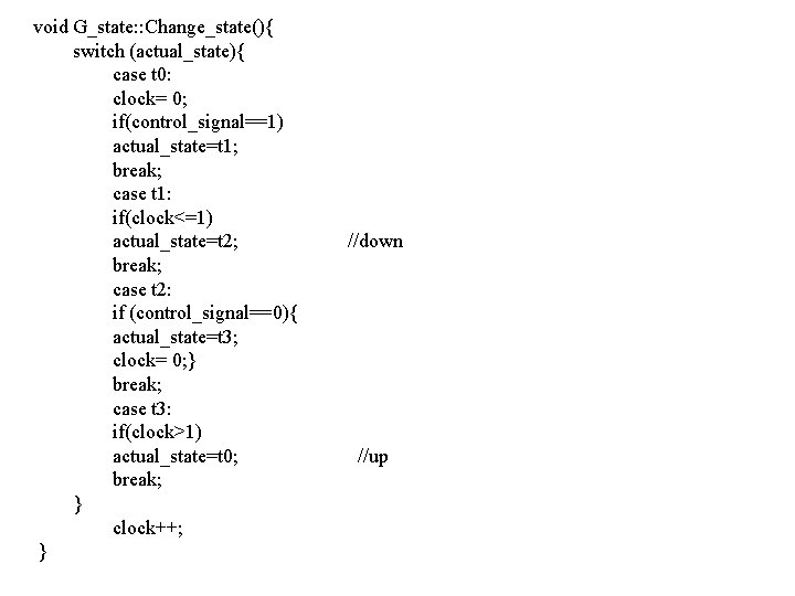 void G_state: : Change_state(){ switch (actual_state){ case t 0: clock= 0; if(control_signal==1) actual_state=t 1;