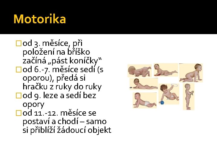 Motorika �od 3. měsíce, při položení na bříško začíná „pást koníčky“ �od 6. -7.