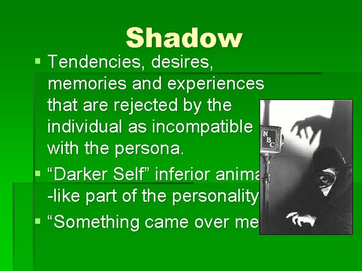 Shadow § Tendencies, desires, memories and experiences that are rejected by the individual as