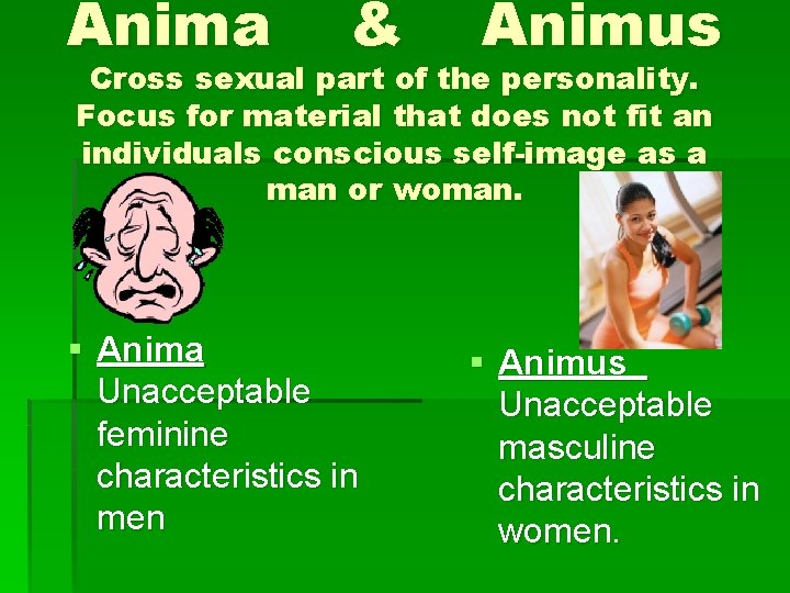 Anima & Animus Cross sexual part of the personality. Focus for material that does