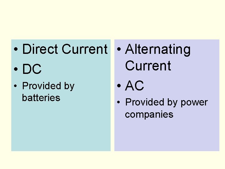 • Direct Current • Alternating Current • DC • Provided by • AC • Direct Current • Alternating Current • DC • Provided by • AC